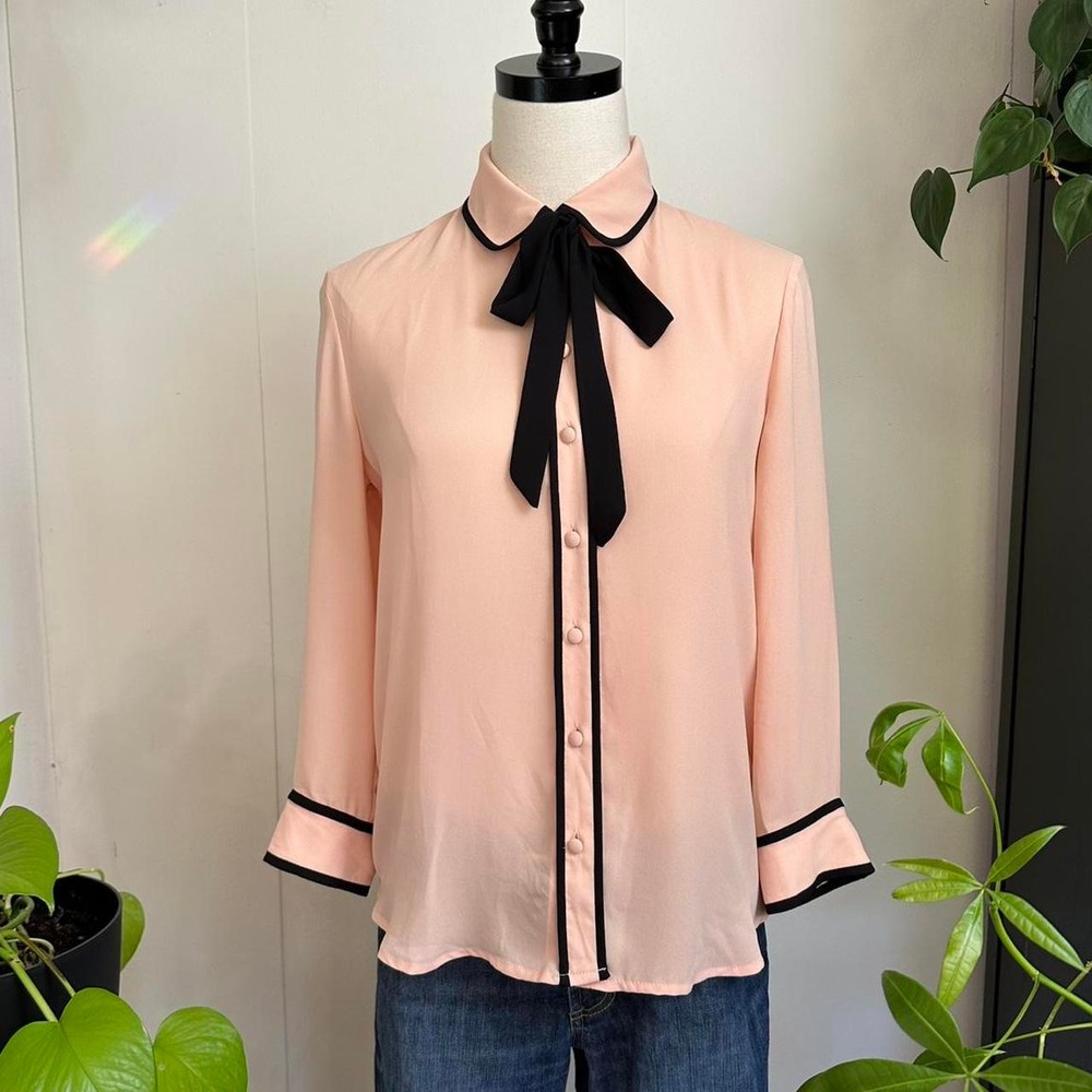 Forever 21 Peach Pink Sheer Bow Tie Blouse Long Sleeve Peter Pan Collar Small